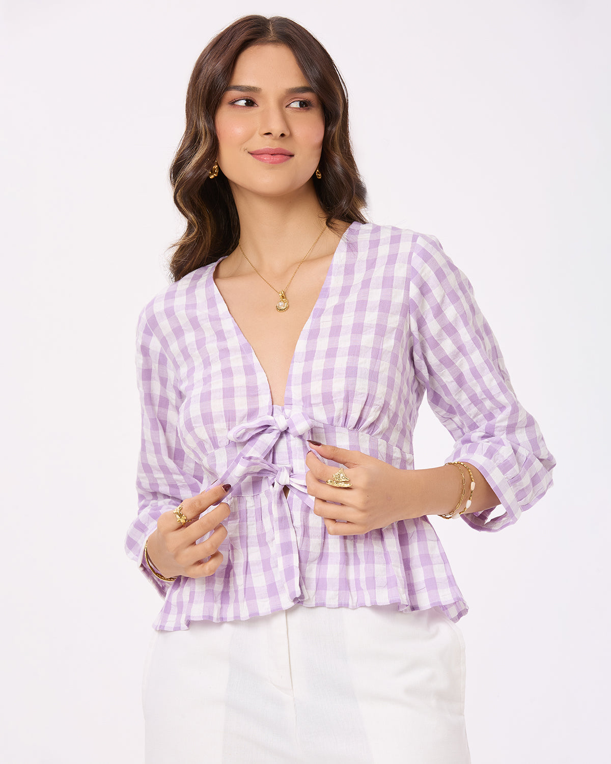 Purple and White Checks Front Tie- up Top Basic But Better