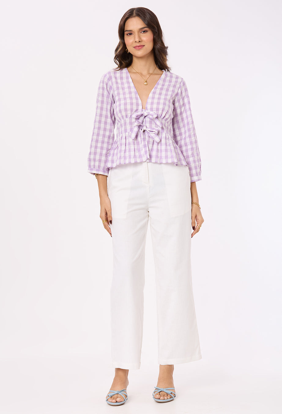 Purple and White Checks Front Tie- up Top
