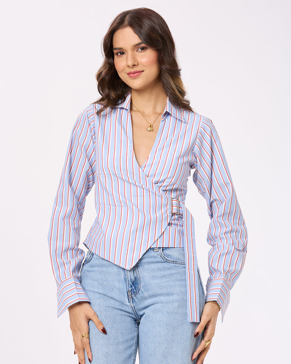 Blue, White and Red Stripe Tie-up shirt Basic But Better