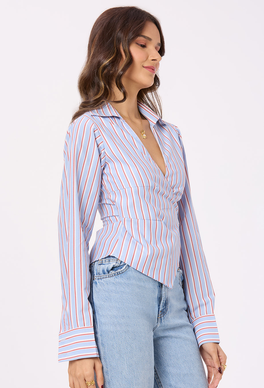 Blue, White and Red Stripe Tie-up shirt