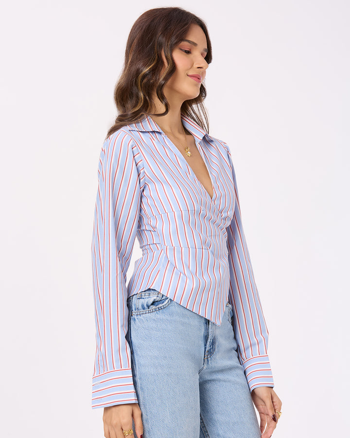 Blue, White and Red Stripe Tie-up shirt Basic But Better