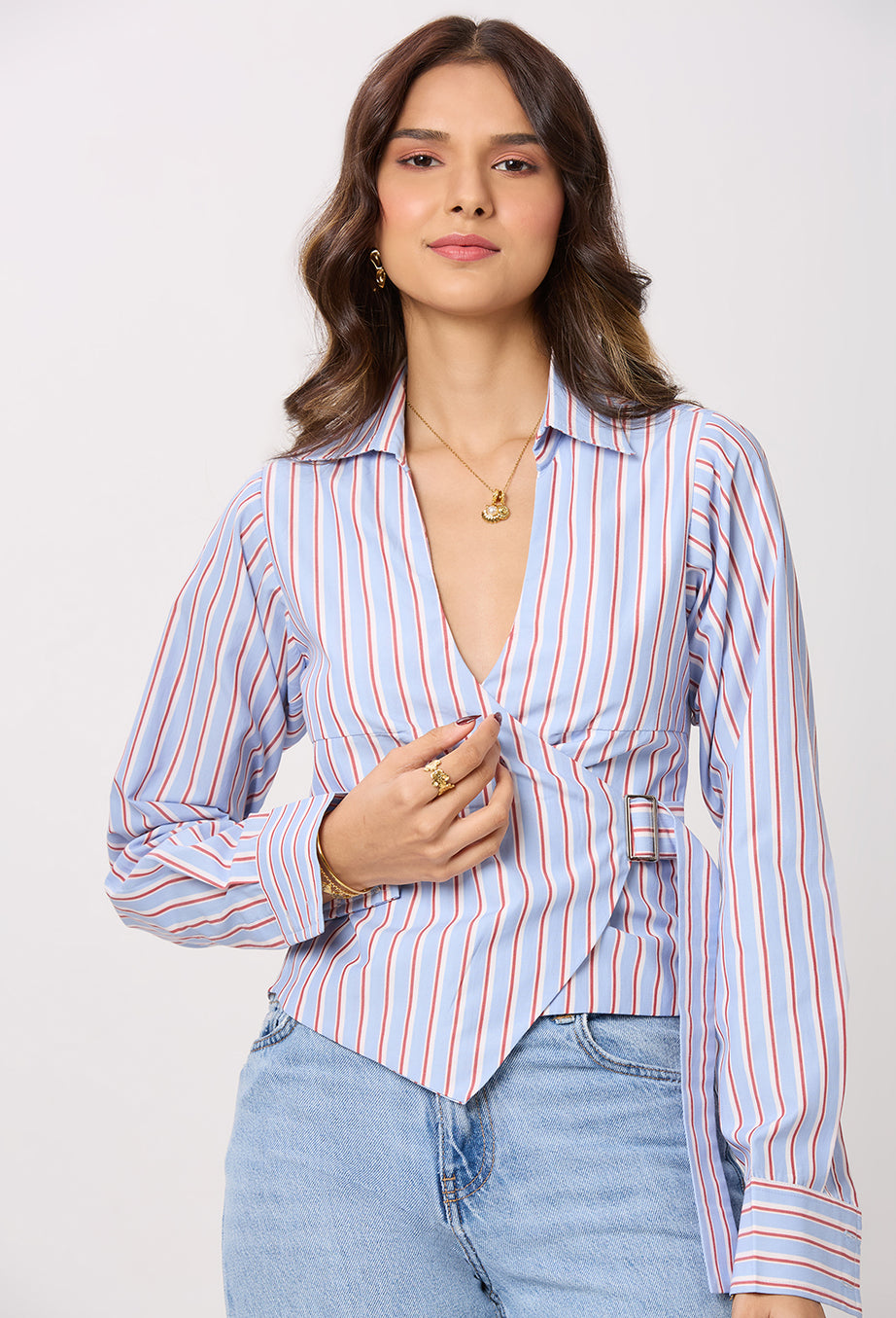 Blue, White and Red Stripe Tie-up shirt