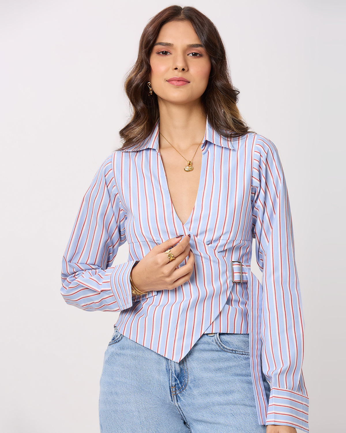 Blue, White and Red Stripe Tie-up shirt