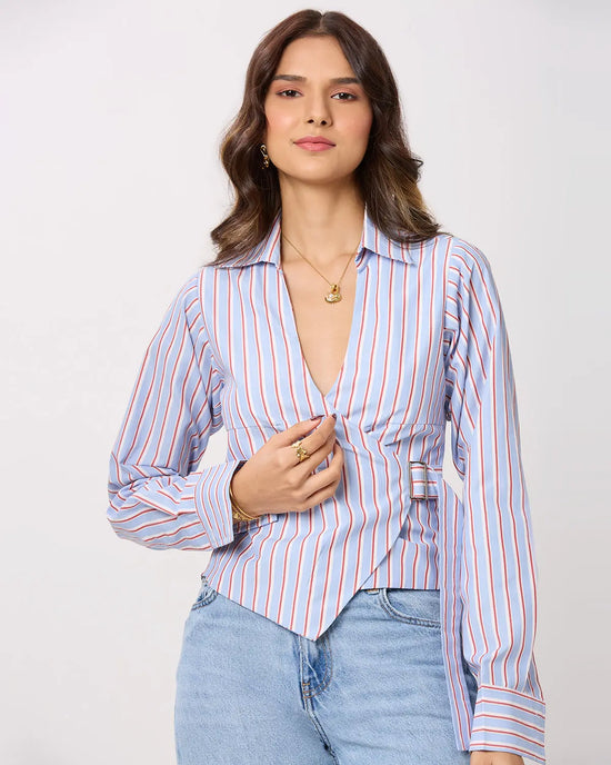 Blue, White and Red Stripe Tie-up shirt Basic But Better