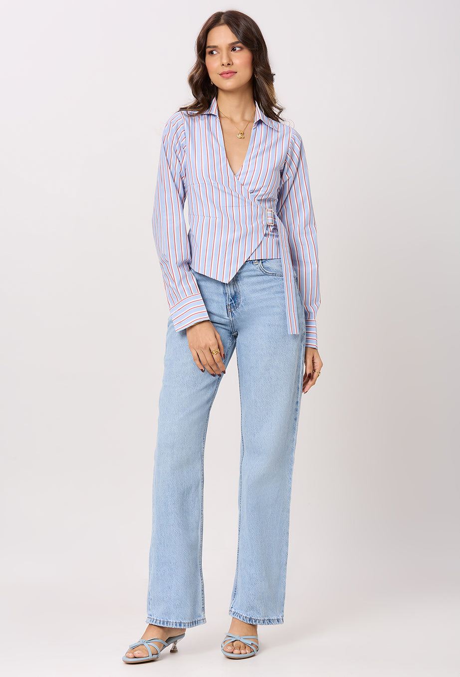 Blue, White and Red Stripe Tie-up shirt