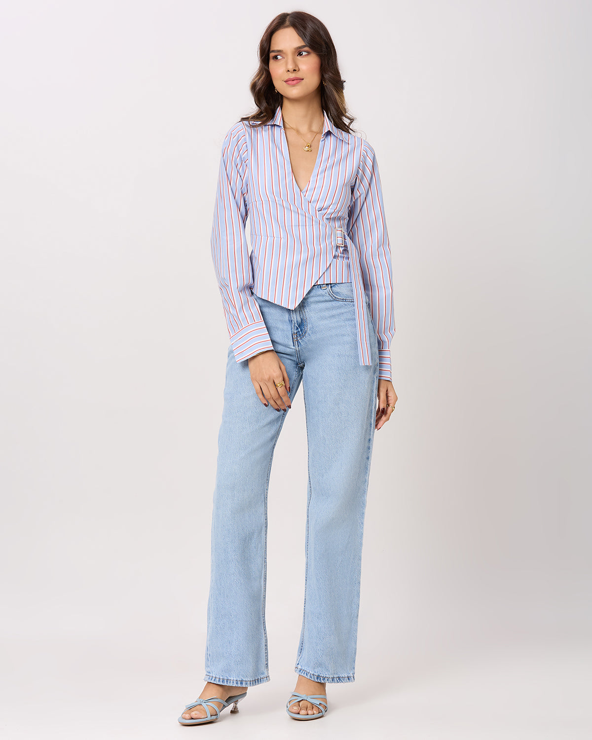 Blue, White and Red Stripe Tie-up shirt