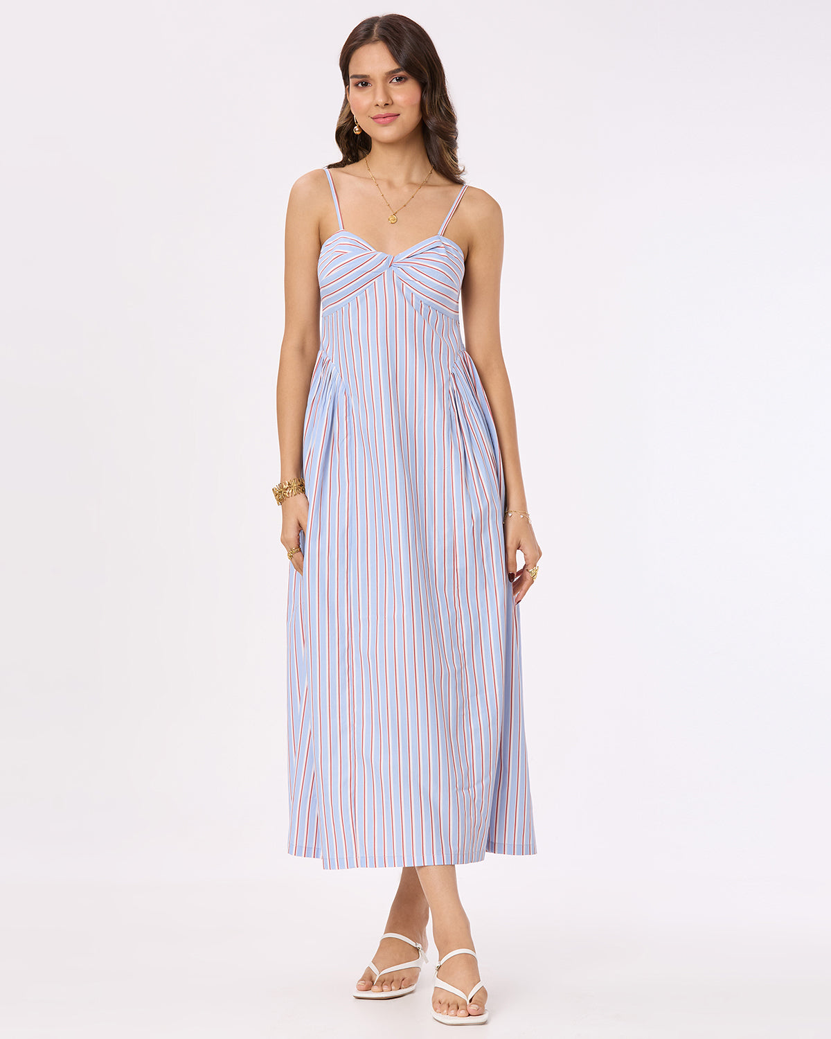 Striped Side-Gathered Maxi Dress with Spegattie Straps