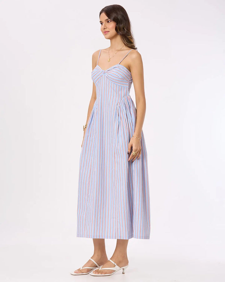 Blue,White & Red Striped Side-Gathered Maxi Dress with Adjustable Straps Basic But Better