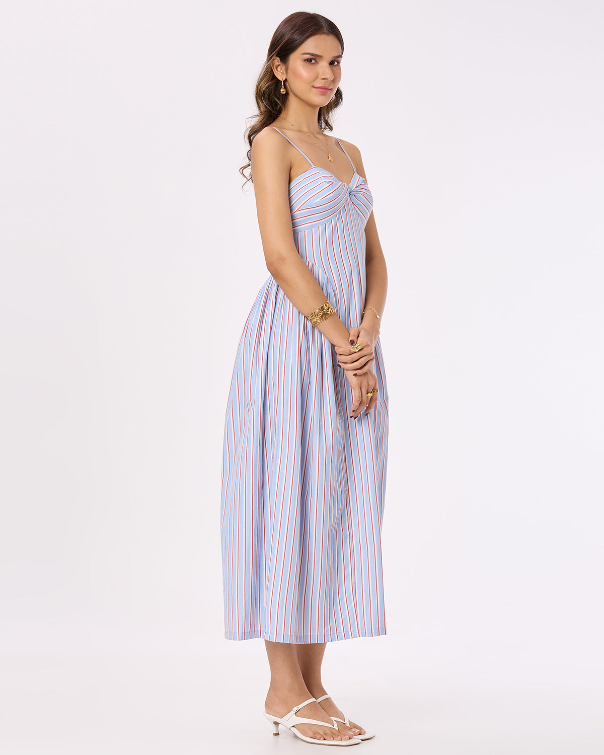 Striped Side-Gathered Maxi Dress with Spegattie Straps
