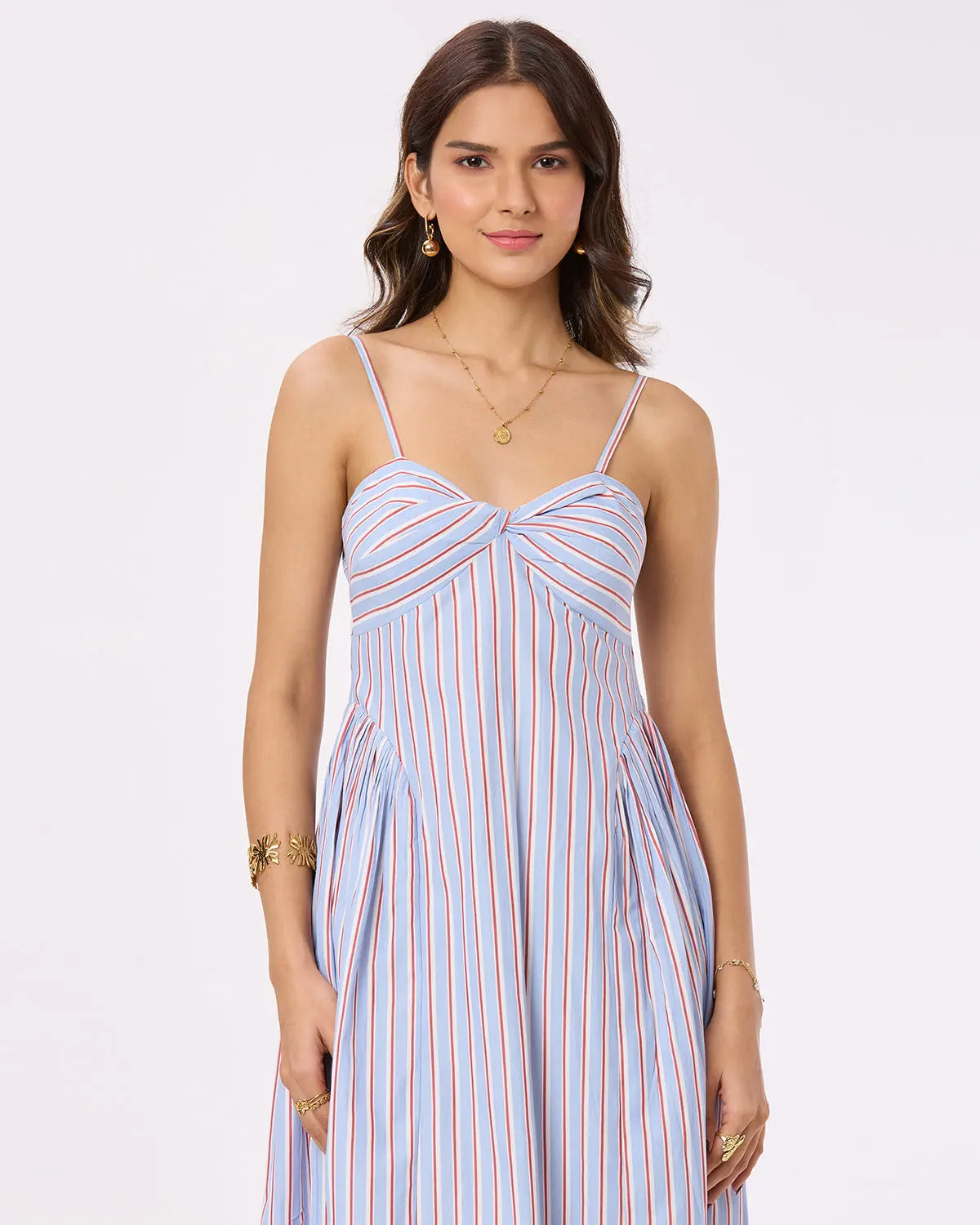 Blue,White & Red Striped Side-Gathered Maxi Dress with Adjustable Straps Basic But Better