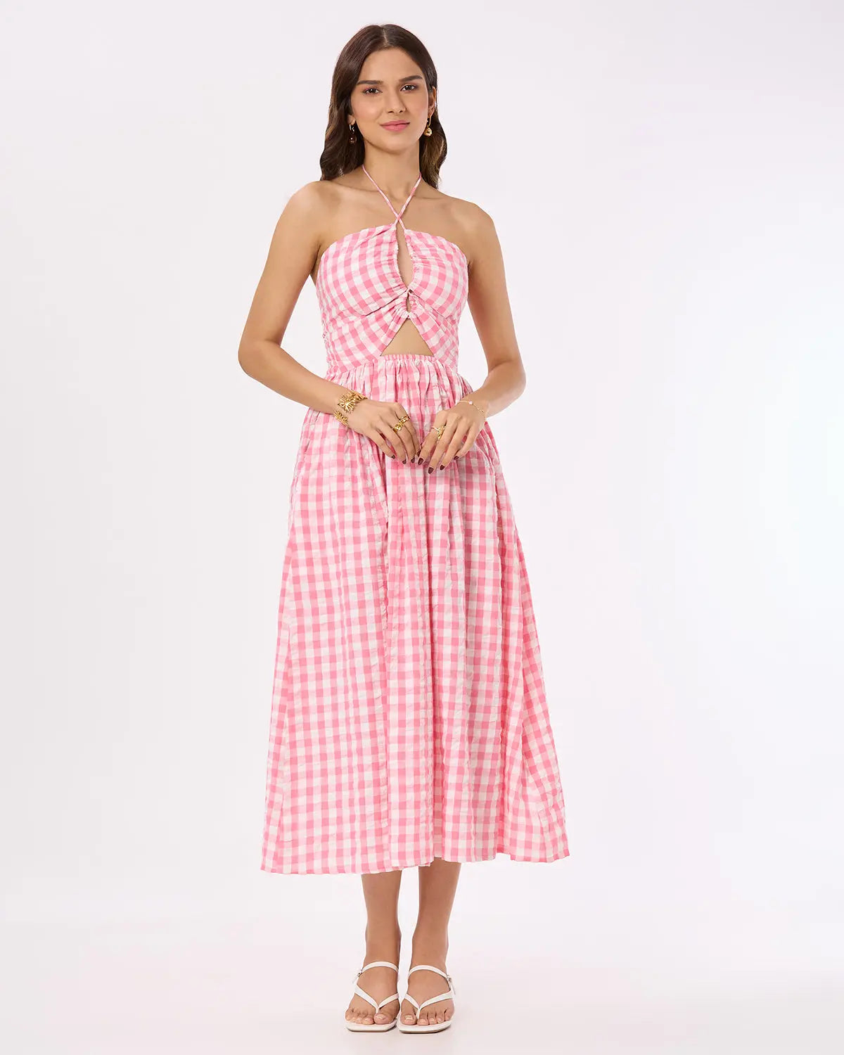 Bright Pink and White checks Tie-up Maxi Dress Basic But Better