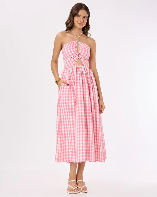 Bright Pink and White checks Tie-up Maxi Dress Basic But Better
