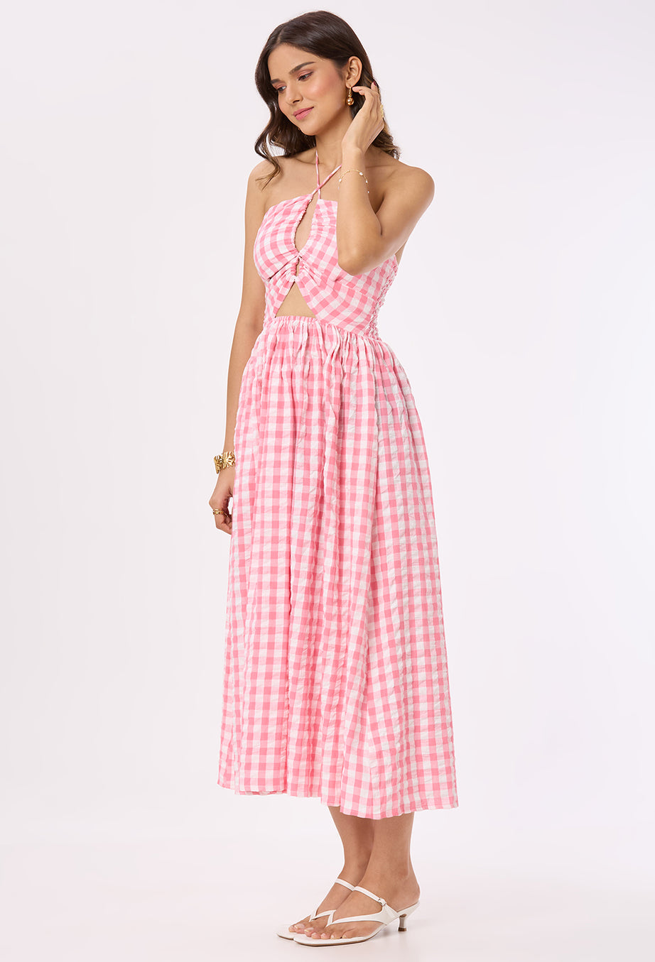 Bright Pink and White checks Tie-up Maxi Dress