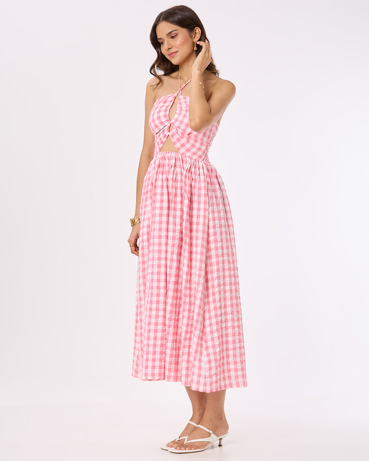 Bright Pink and White checks Tie-up Maxi Dress
