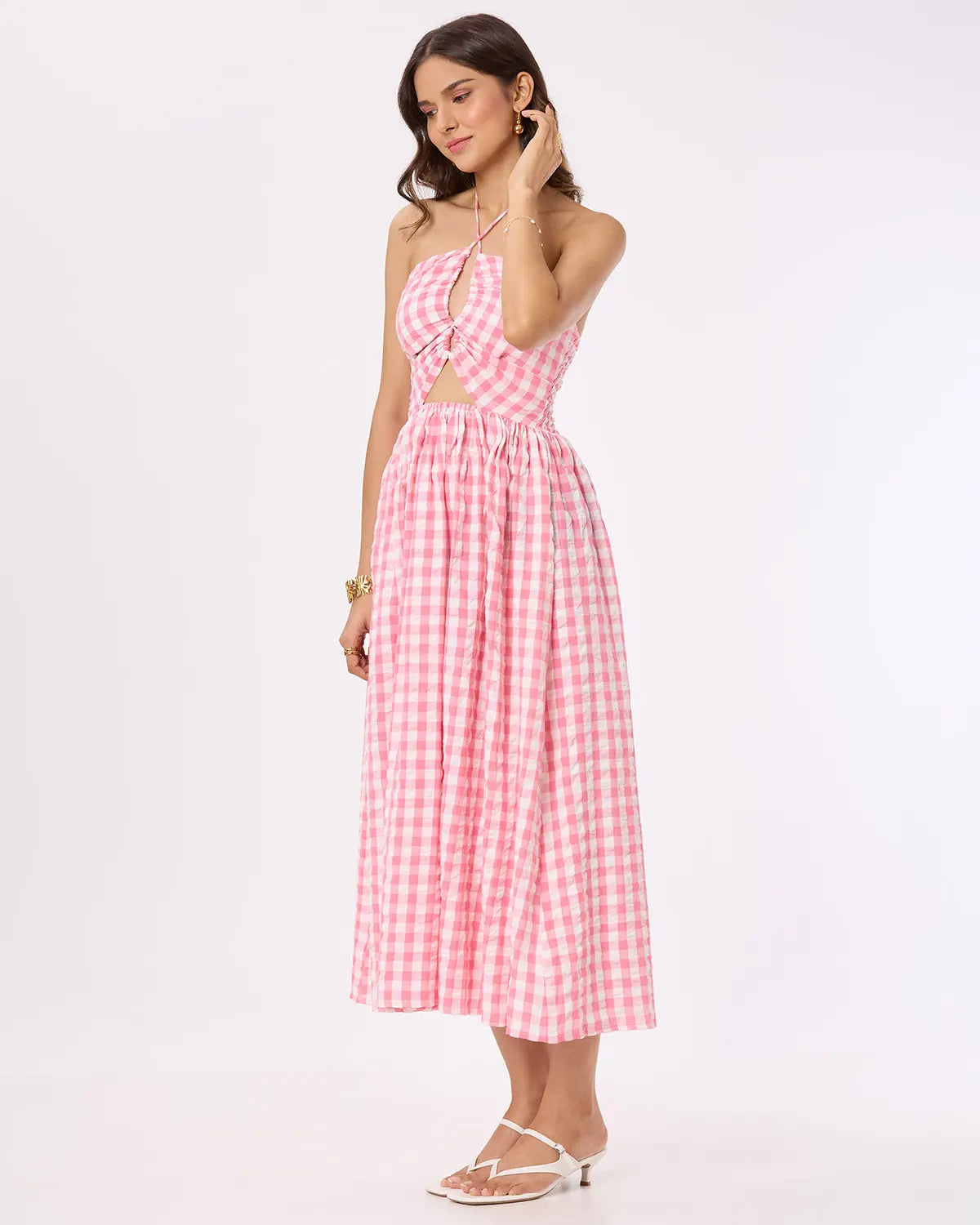 Bright Pink and White checks Tie-up Maxi Dress Basic But Better