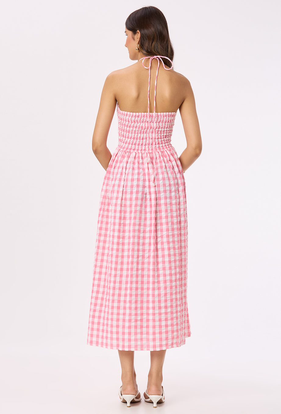 Bright Pink and White checks Tie-up Maxi Dress