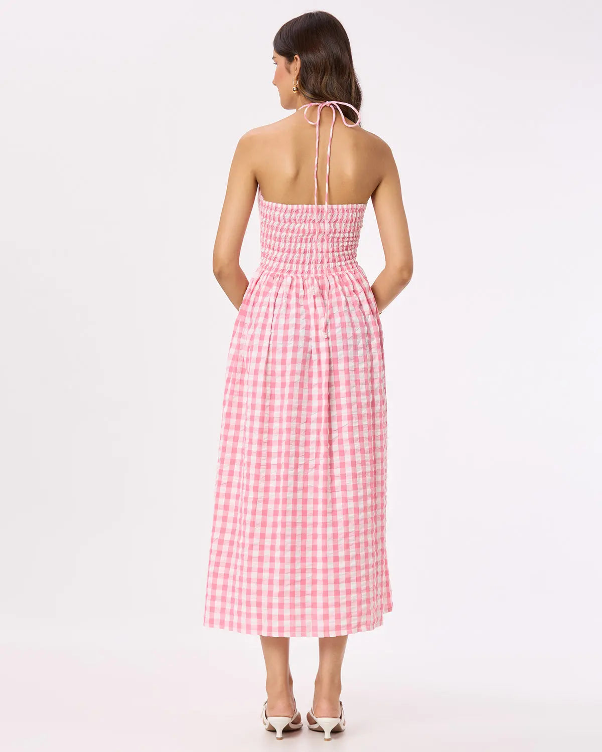 Bright Pink and White checks Tie-up Maxi Dress Basic But Better