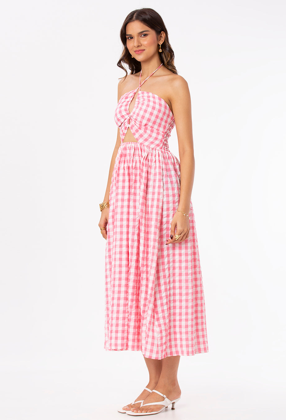 Bright Pink and White checks Tie-up Maxi Dress