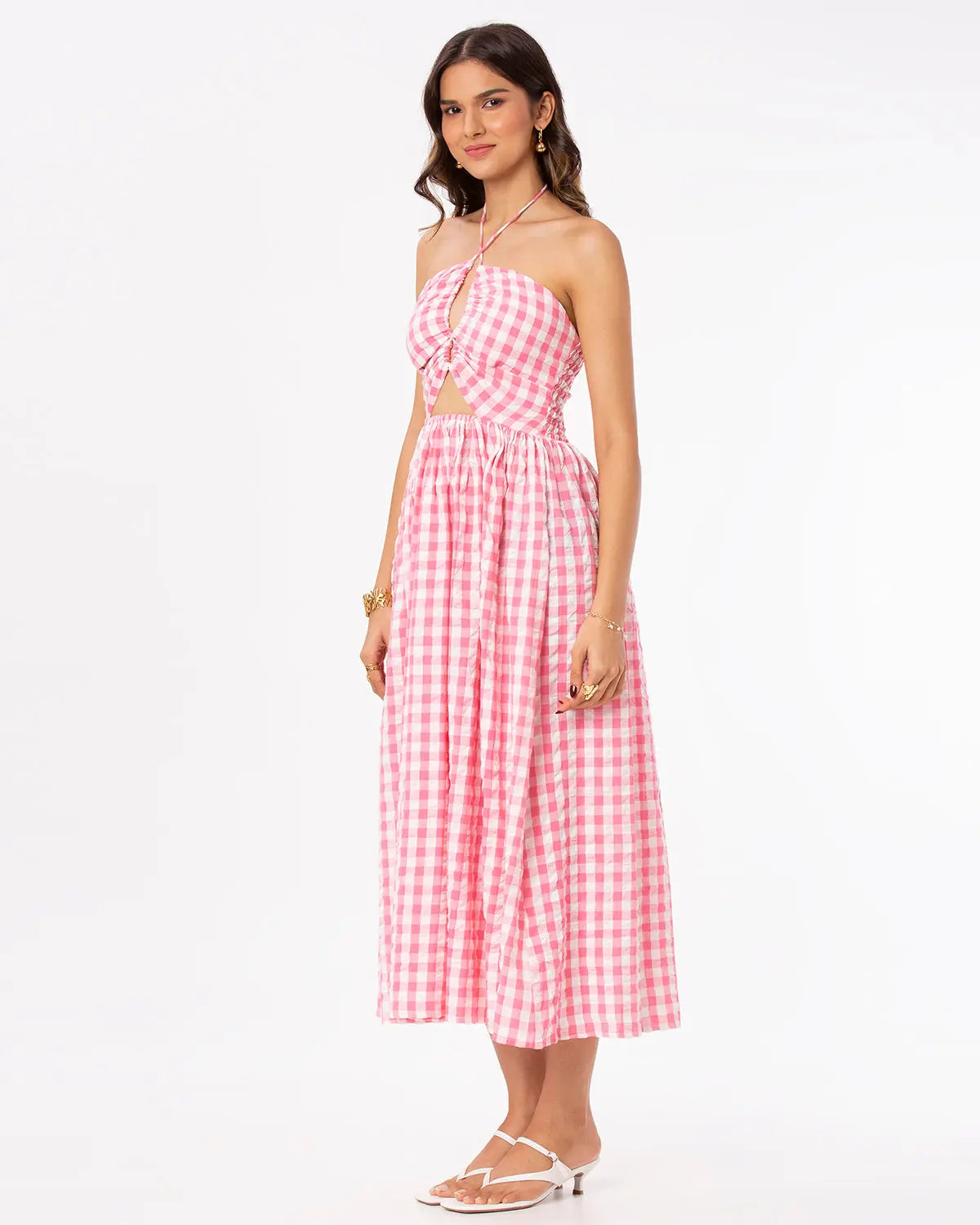 Bright Pink and White checks Tie-up Maxi Dress Basic But Better