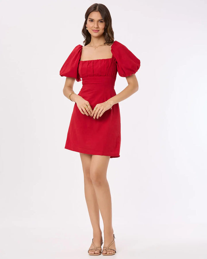 Red Solid Back Tie-up Short Dress Basic But Better