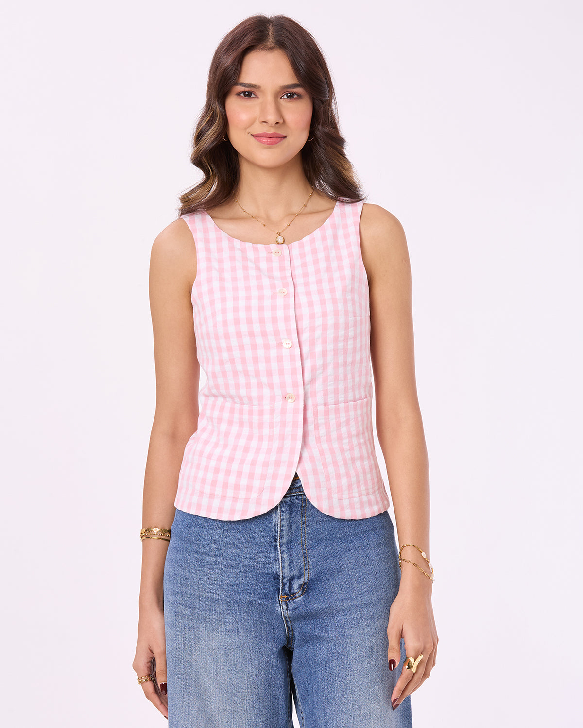 Pink and White Checks Vest with Patch Pockets