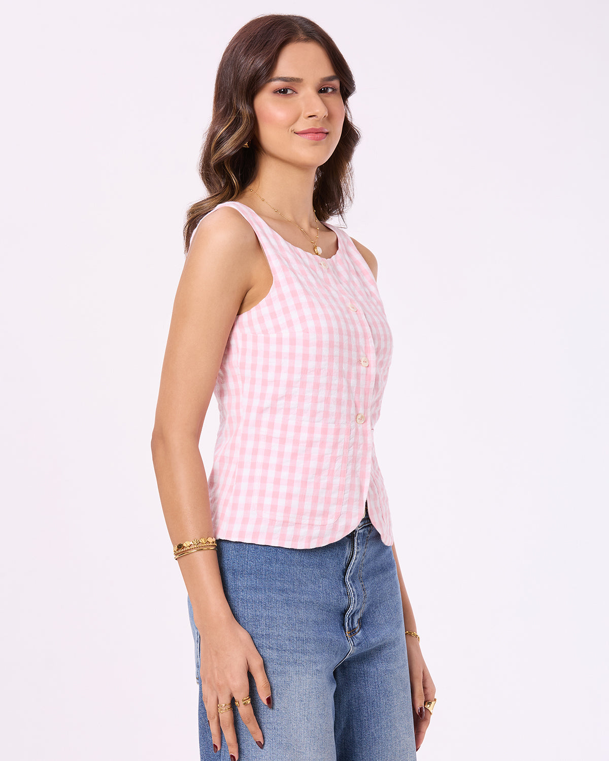Pink and White Checks Vest with Patch Pockets Basic But Better