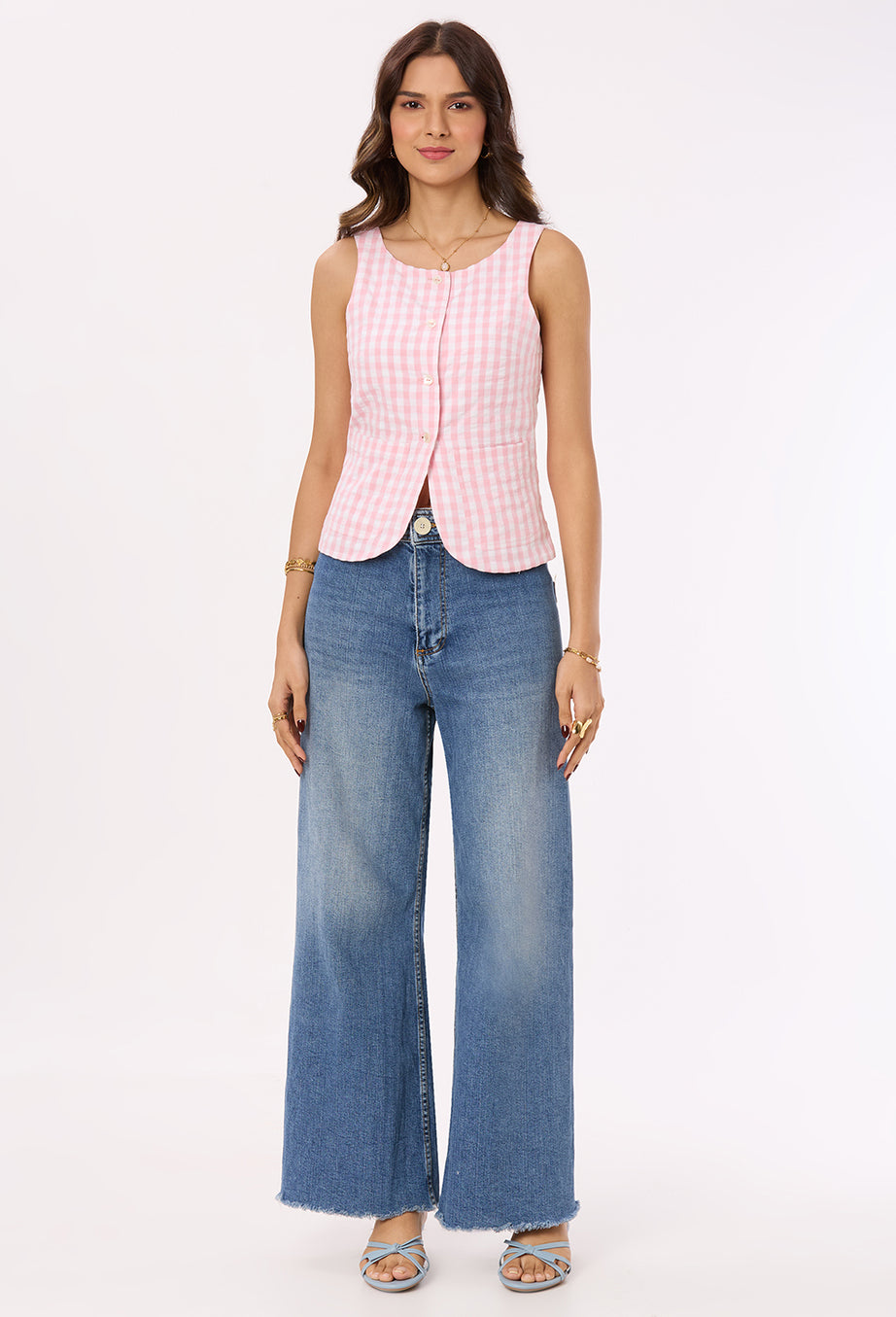 Pink and White Checks Vest with Patch Pockets