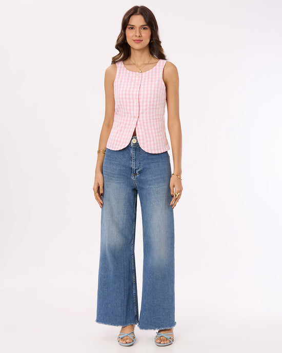 Pink and White Checks Vest with Patch Pockets Basic But Better