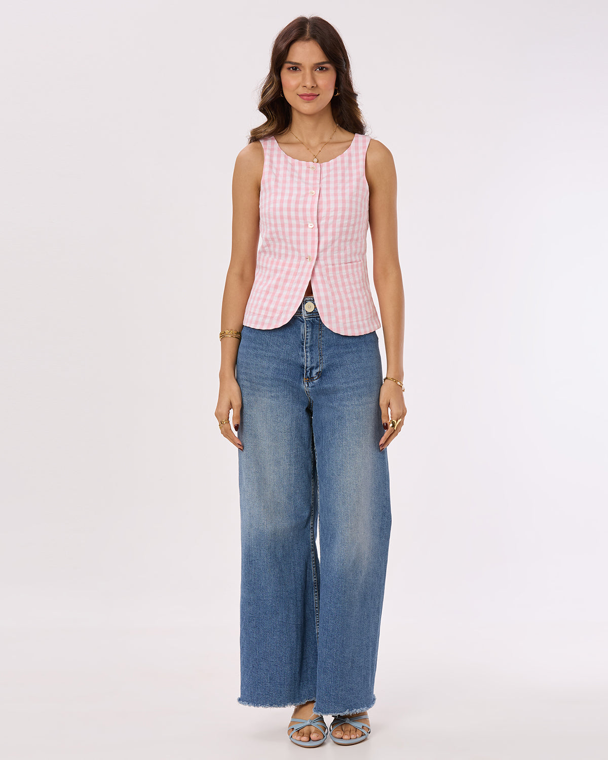 Pink and White Checks Vest with Patch Pockets