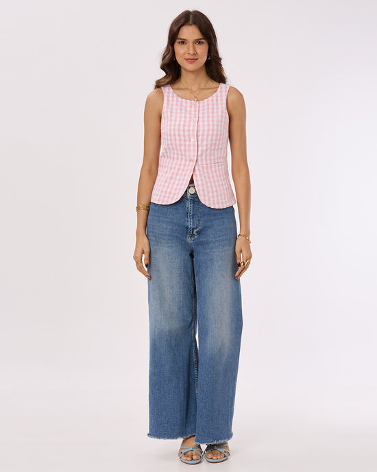 Pink and White Checks Vest with Patch Pockets Basic But Better