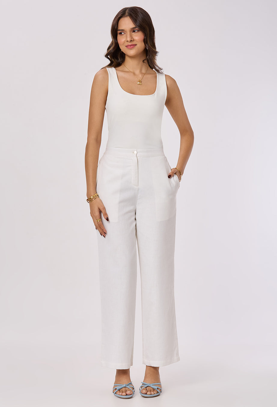 White Cotton Linen Straight Pant with Side pockets