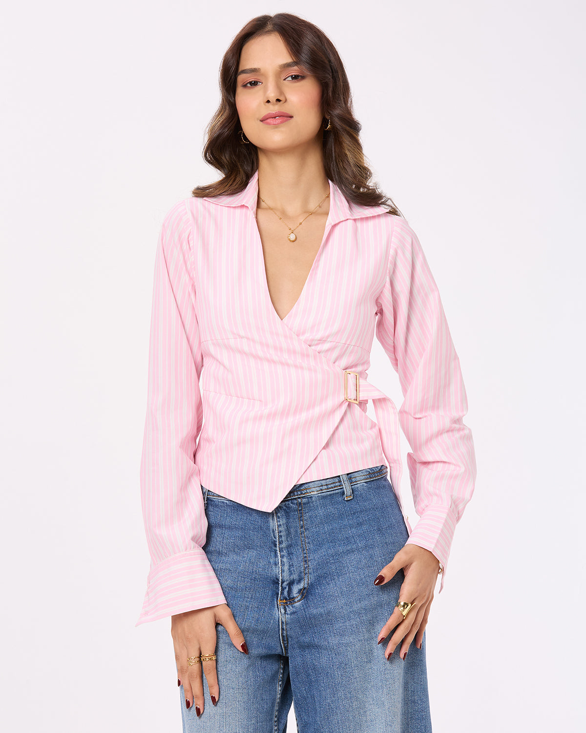 Pink and White Stripe Tie-up Shirt