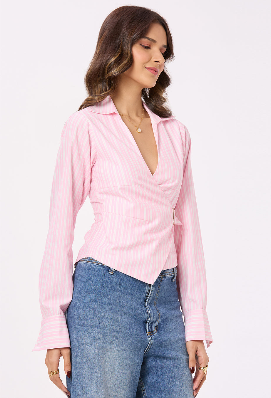 Pink and White Stripe Tie-up Shirt