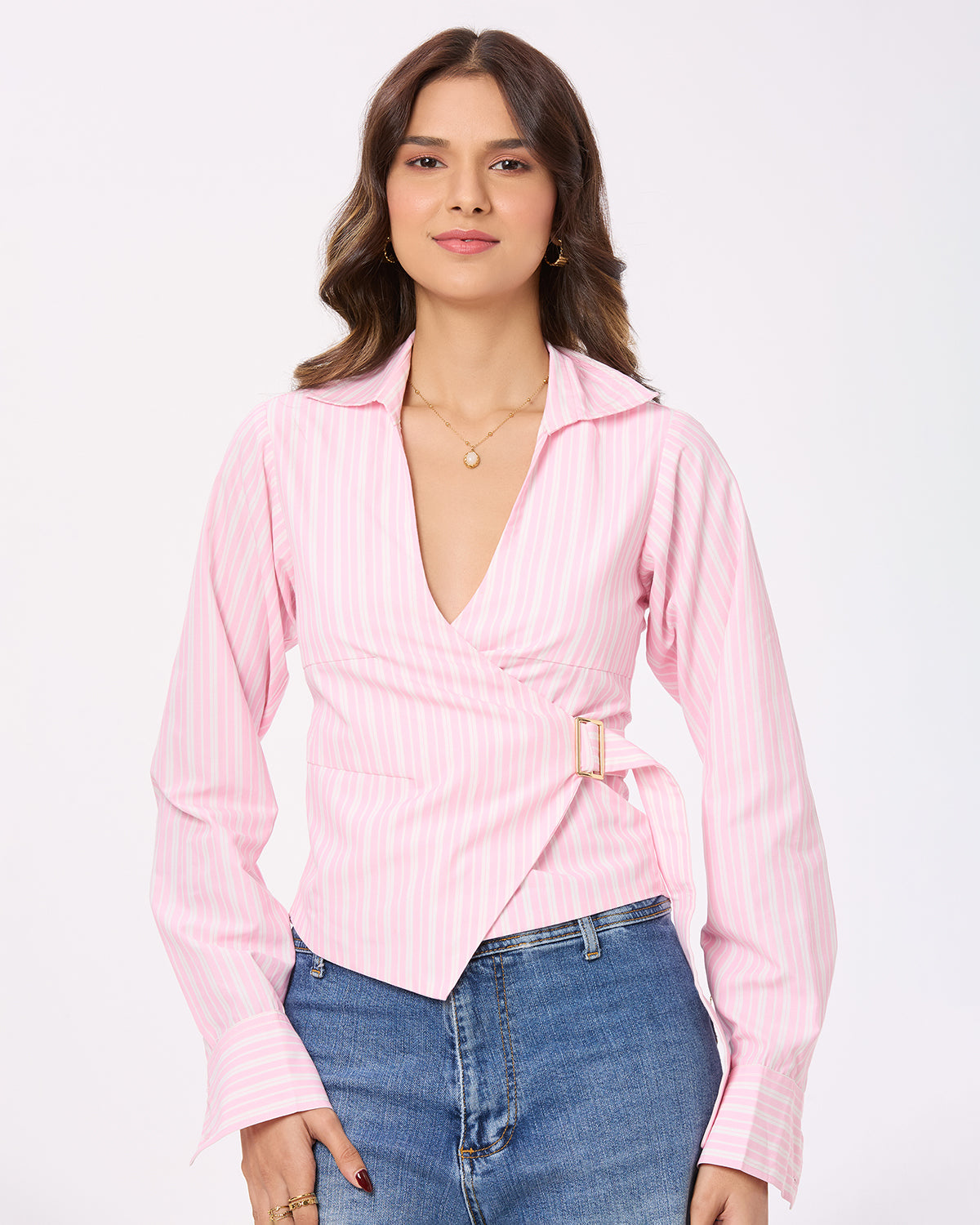 Pink and White Stripe Tie-up Shirt