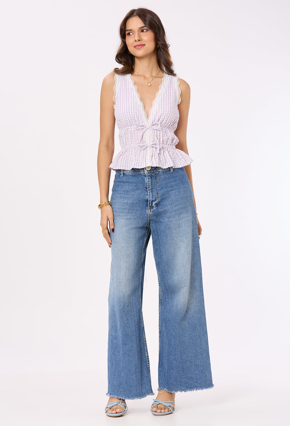 Purple and White Gingham Lace Top