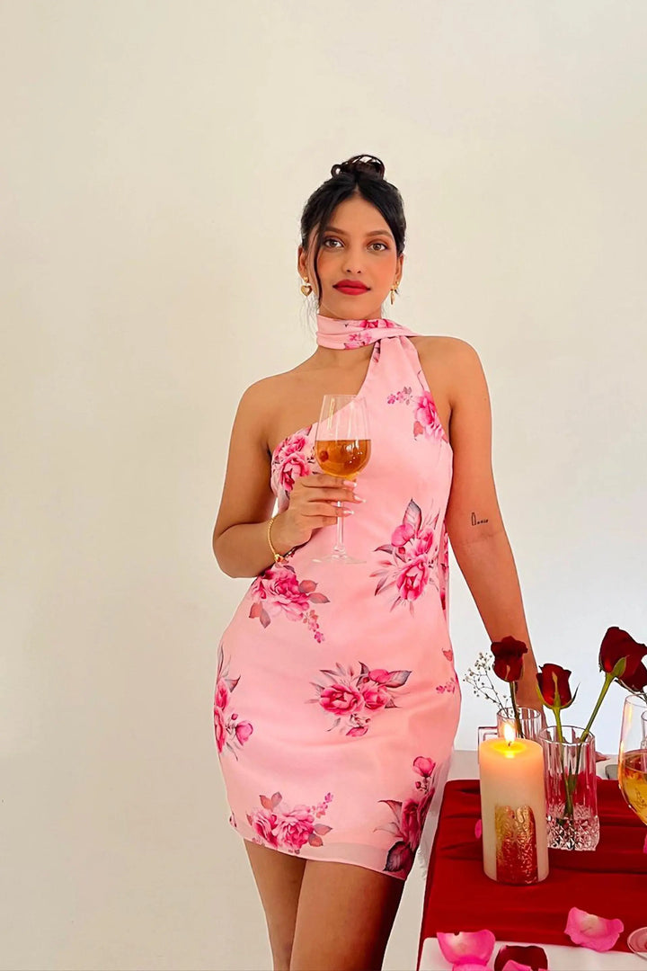 Pink Rose Print Shanaya One Shoulder Short Scarf Dress Valentines Day Collection