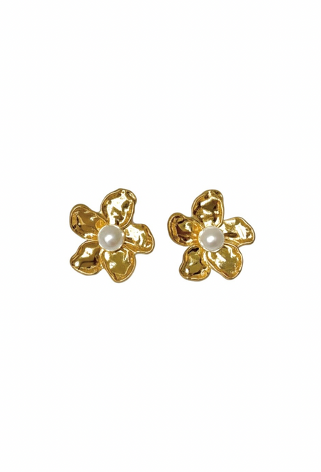 Golden Floral Blooms with Pearl Earring