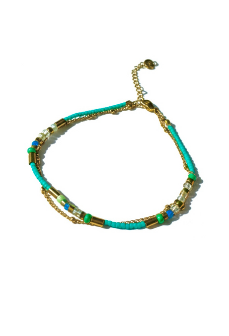 Summer Sky Blue and Gold Beaded Anklet