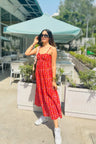 Crimson Red Floral Hand-Printed Cotton Maxi Dress with Pocket AMARAA