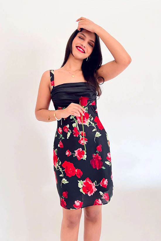 Red and Black Rose Print Juliette Short Dress with Back Tie-up Valentines Day Collection