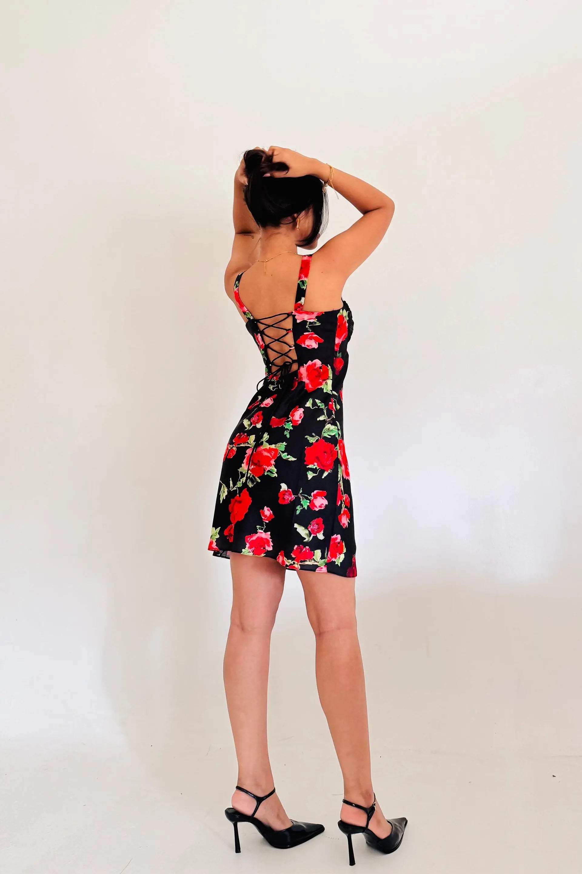 Red and Black Rose Print Juliette Short Dress with Back Tie-up Valentines Day Collection
