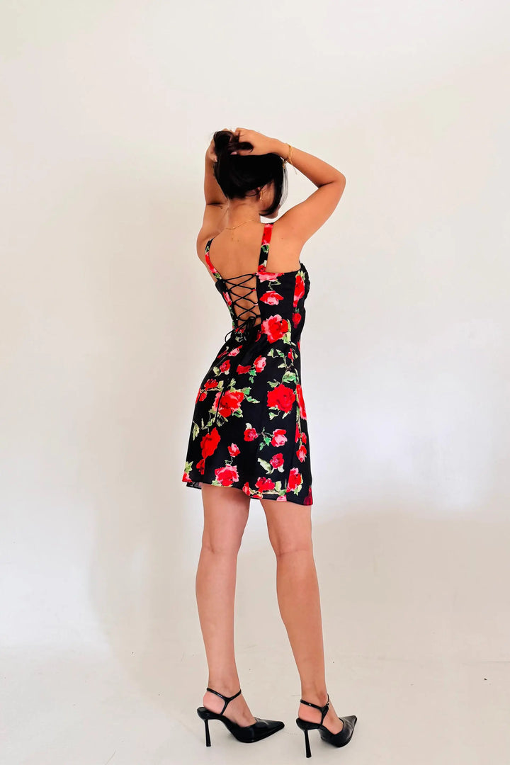 Red and Black Rose Print Juliette Short Dress with Back Tie-up Valentines Day Collection