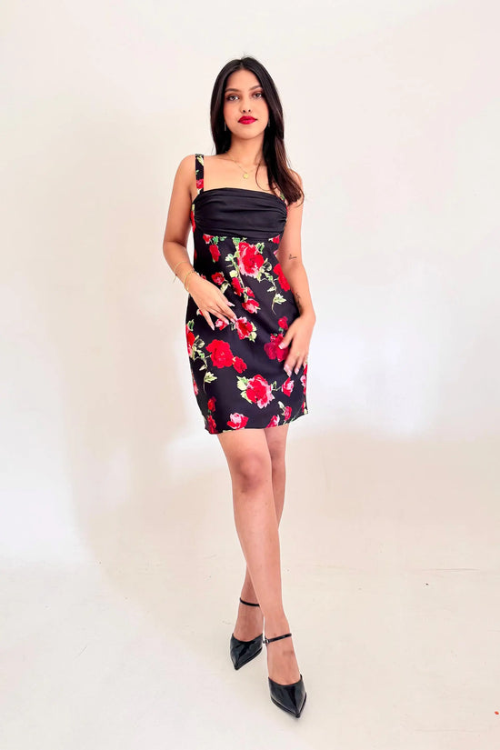 Red and Black Rose Print Juliette Short Dress with Back Tie-up Valentines Day Collection