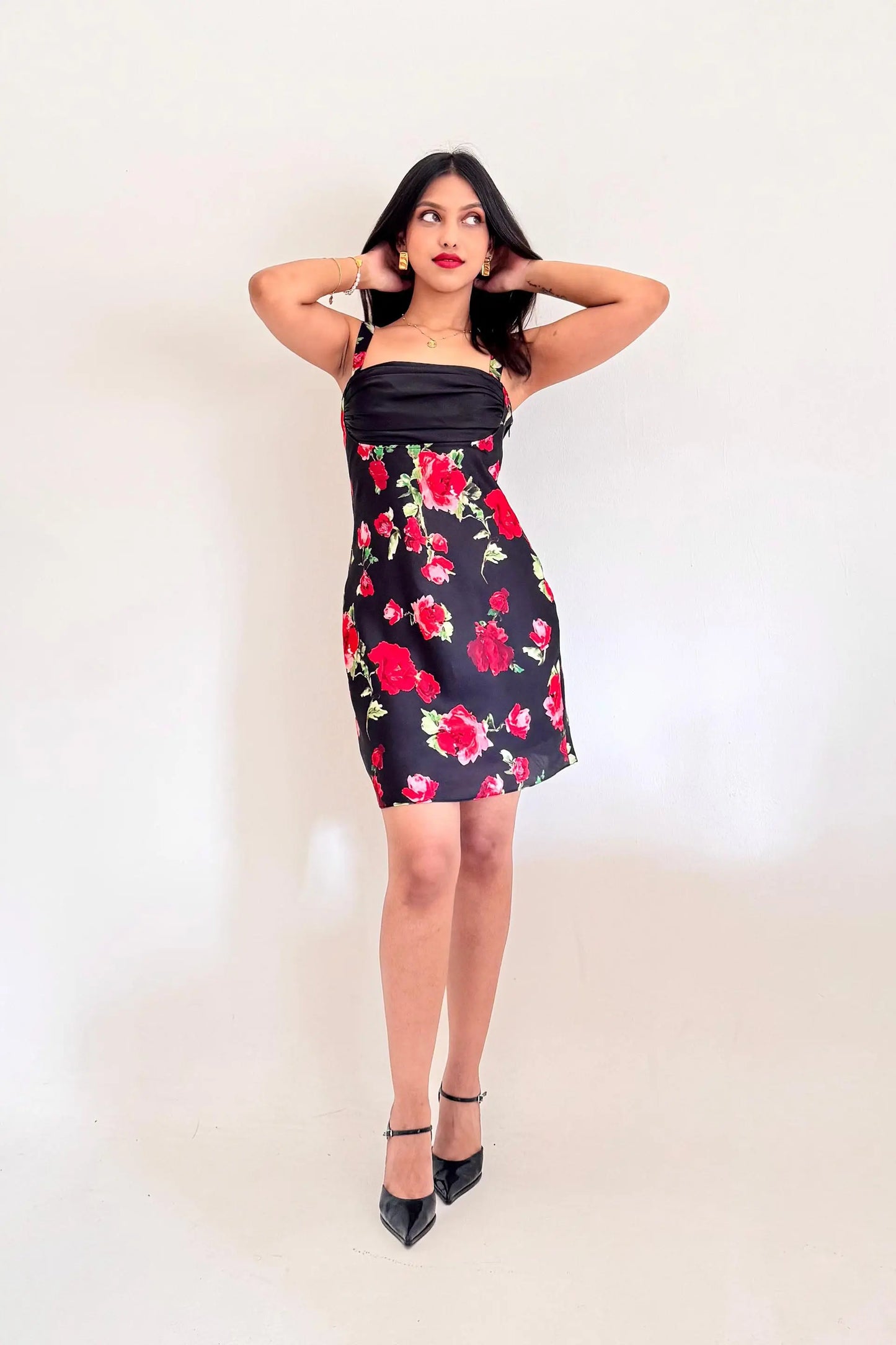 Red and Black Rose Print Juliette Short Dress with Back Tie-up Valentines Day Collection