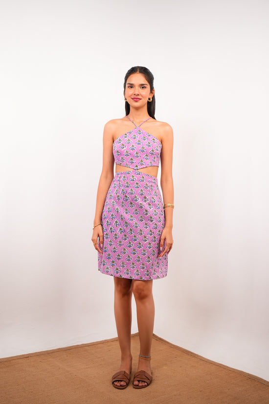 Comfortable Purple Print Cotton Short Dress with Back Tie Spring Summer - 25