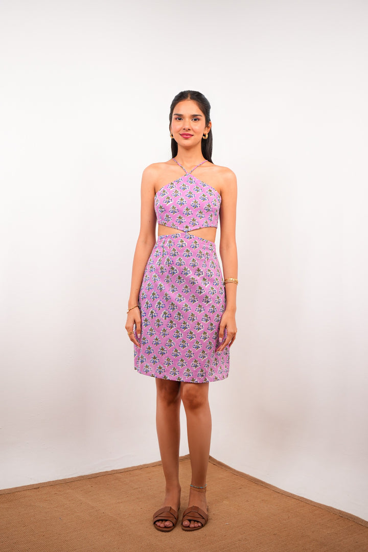 Comfortable Purple Print Cotton Short Dress with Back Tie Spring Summer - 25
