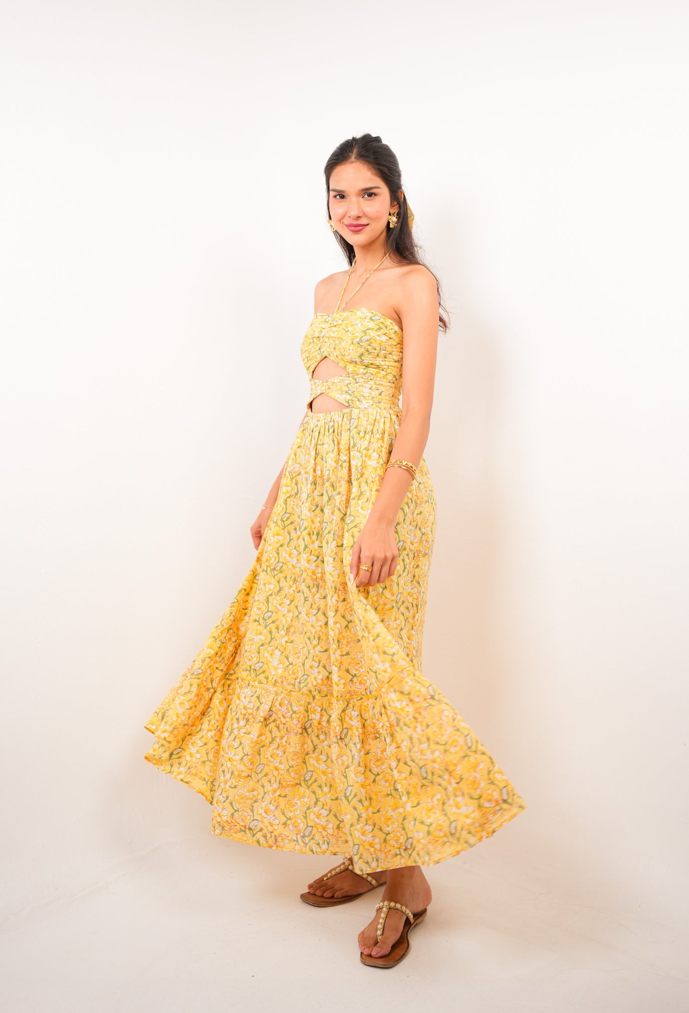 Bright Yellow Floral Print Maxi Dress with Front Cut-Outs