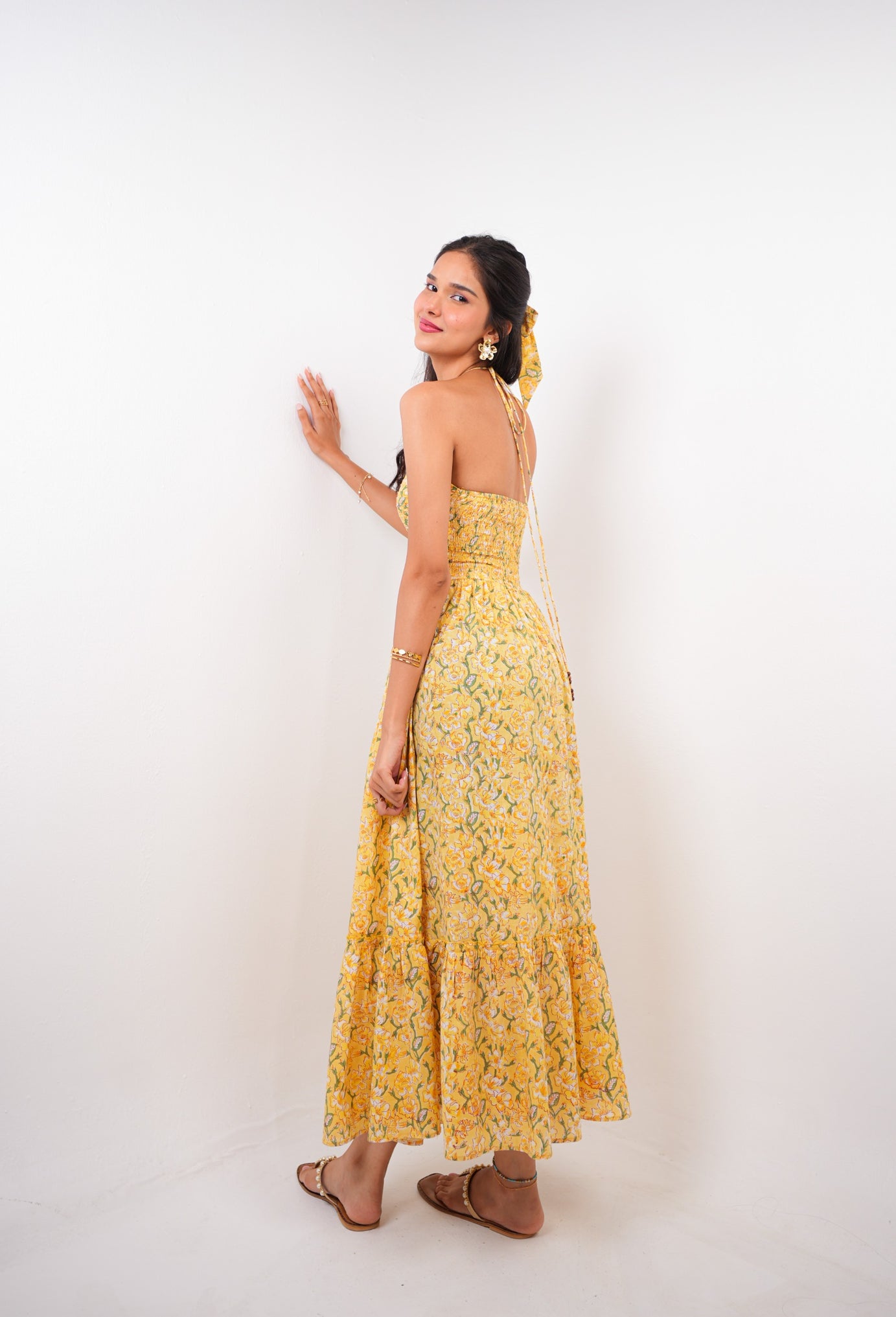 Bright Yellow Floral Print Maxi Dress with Front Cut-Outs