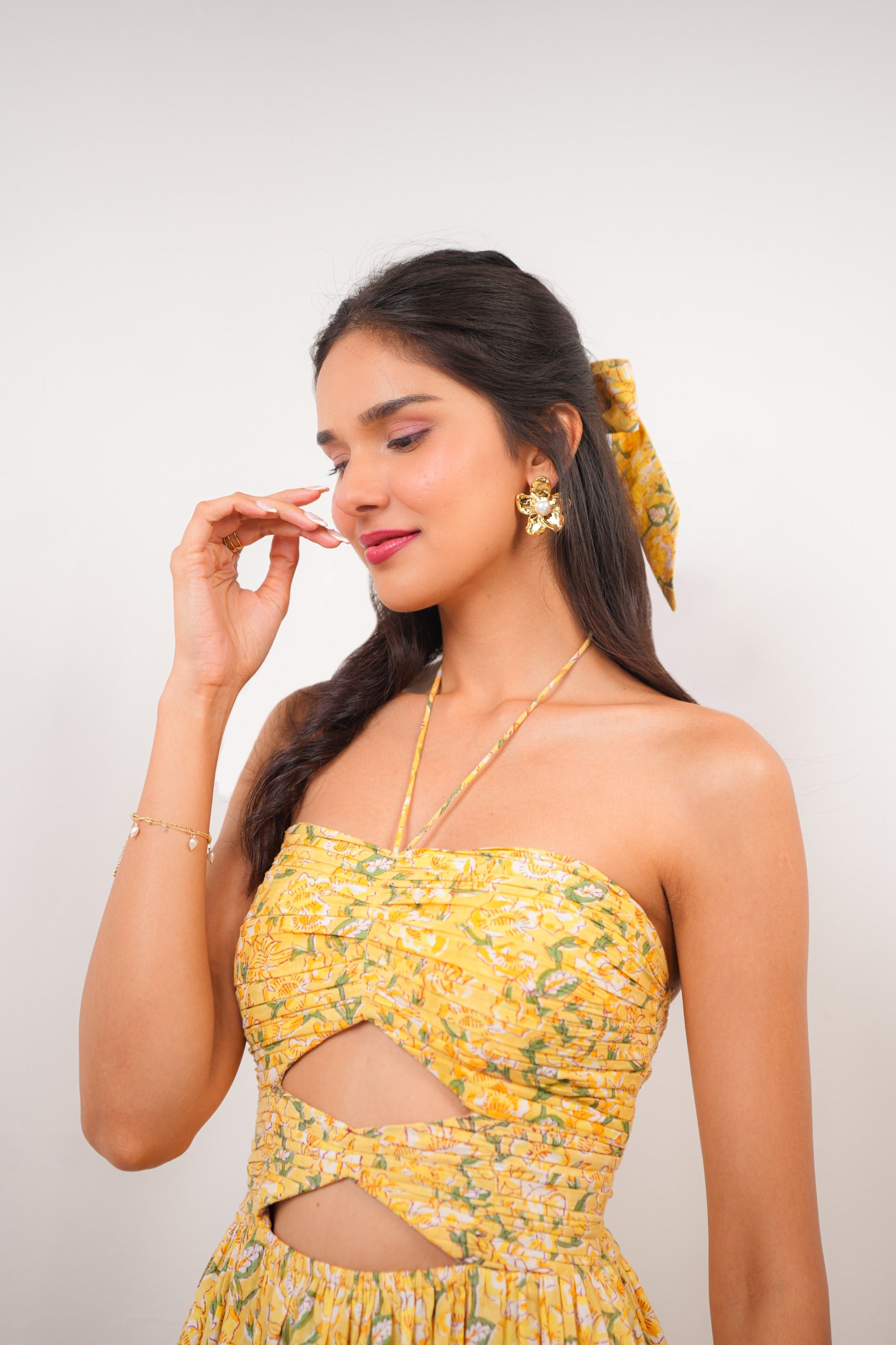 Bright Yellow Floral Print Maxi Dress with Front Cut-Outs