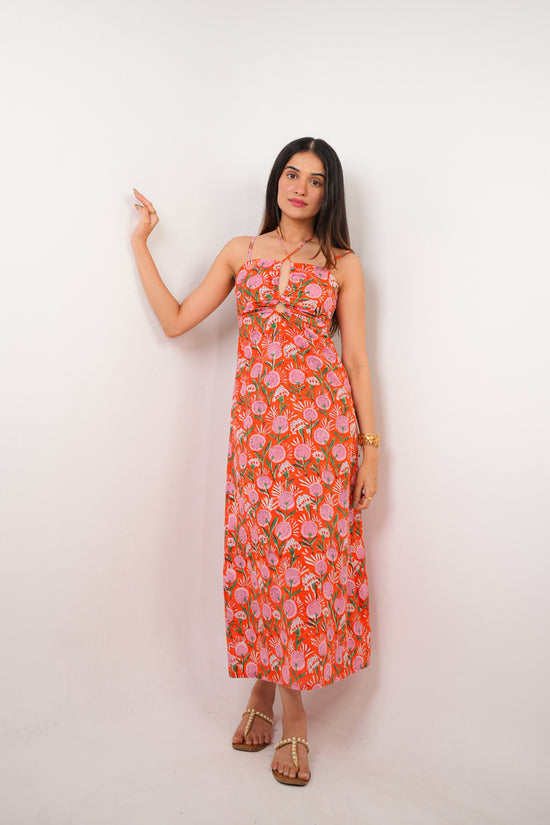Orange & Pink Floral Hand Block Print A-Line Maxi Dress Spring Summer - 25